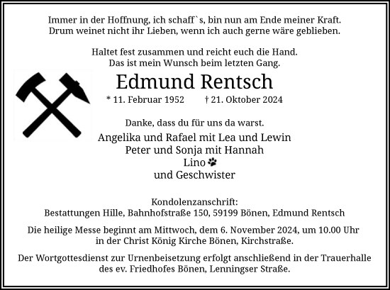 Traueranzeige von Edmund Rentsch von WA