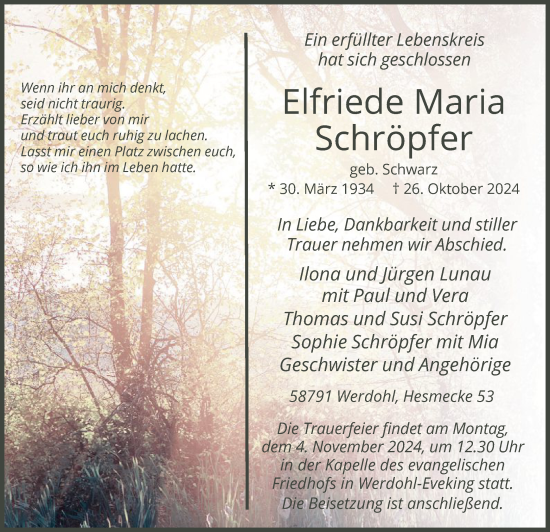 Traueranzeige von Elfriede Maria Schröpfer von WA