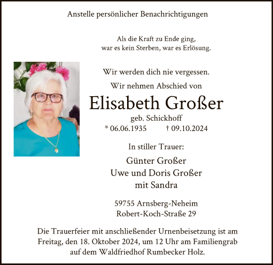 Traueranzeige von Elisabeth Großer von WA