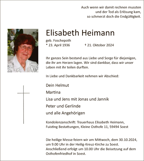 Traueranzeige von Elisabeth Heimann von WA