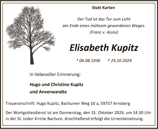 Traueranzeige von Elisabeth Kupitz von WA