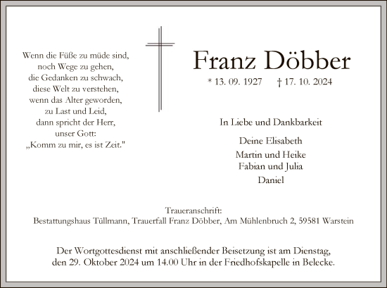 Traueranzeige von Franz Döbber von WA