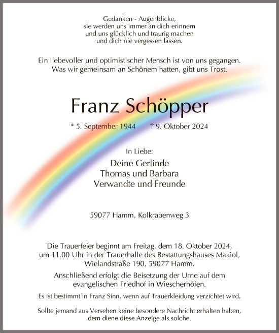 Traueranzeige von Franz Schöpper von WA