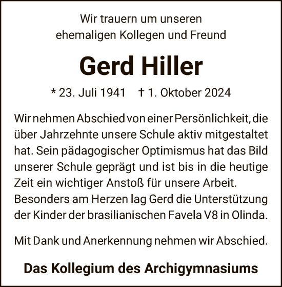 Traueranzeige von Gerd Hiller von WA