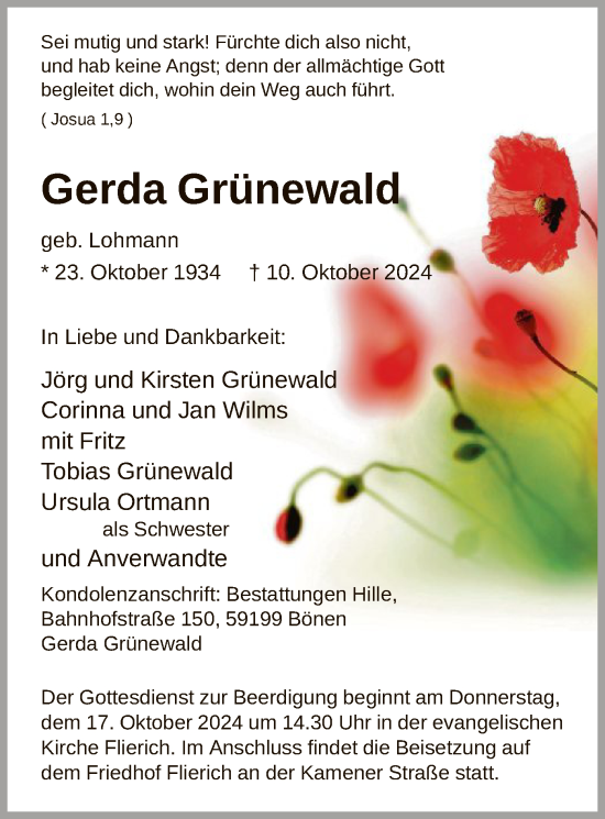 Traueranzeige von Gerda Grünewald von WA