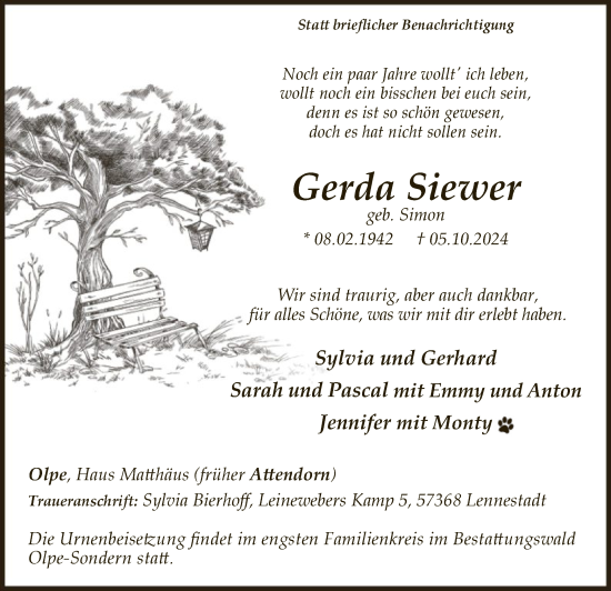 Traueranzeige von Gerda Siewer von WA