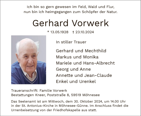 Traueranzeige von Gerhard Vorwerk von WA