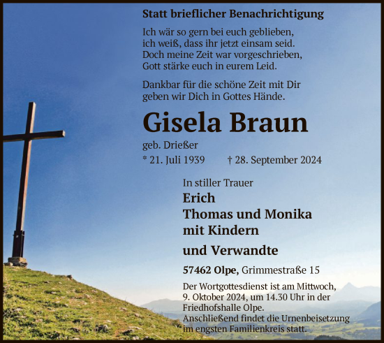 Traueranzeige von Gisela Braun von WA