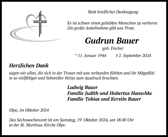 Traueranzeige von Gudrun Bauer von WA