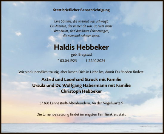 Traueranzeige von Haldis Hebbeker von WA