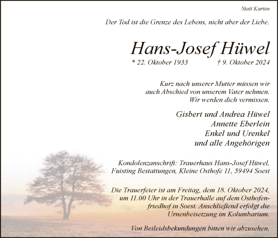 Traueranzeige von Hans-Josef Hüwel von WA