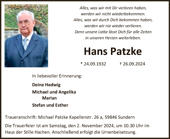 Traueranzeige von Hans Patzke von WA