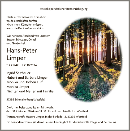 Traueranzeige von Hans-Peter Limper von WA