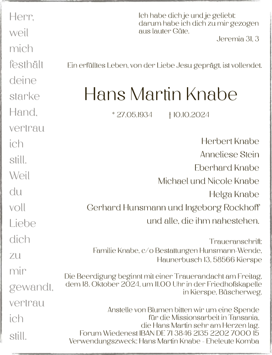 Traueranzeige von Hans Martin Knabe von WA