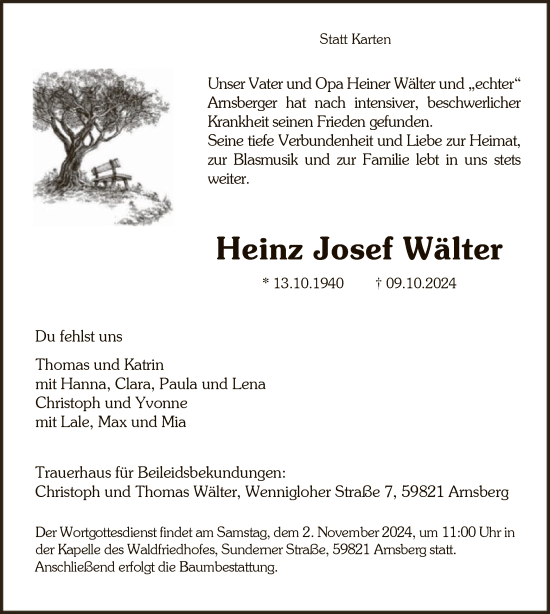 Traueranzeige von Heinz Josef Wälter von WA