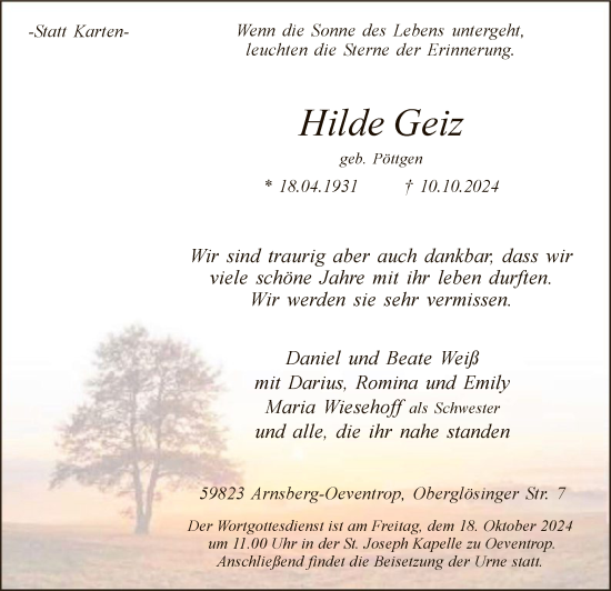 Traueranzeige von Hilde Geiz von WA