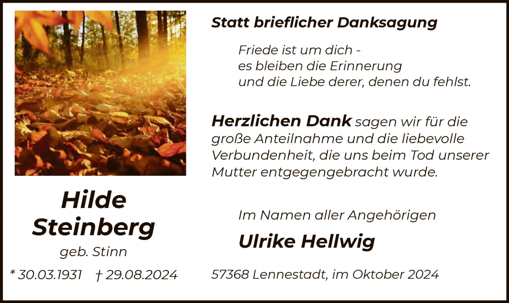  Traueranzeige für Hilde Steinberg vom 19.10.2024 aus WA