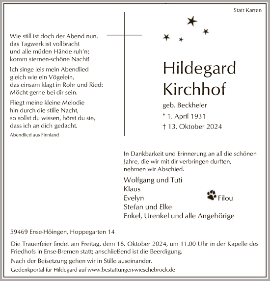 Traueranzeige von Hildegard Kirchhof von WA