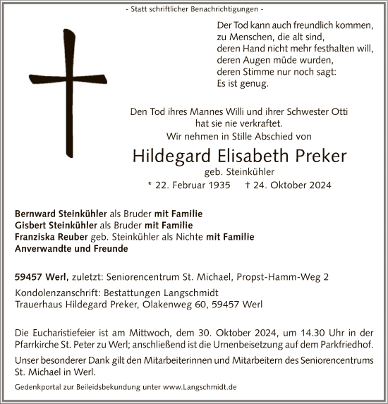 Traueranzeige von Hildegard Elisabeth Preker von WA