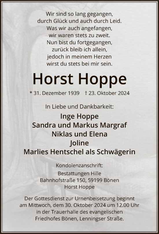 Traueranzeige von Horst Hoppe von WA