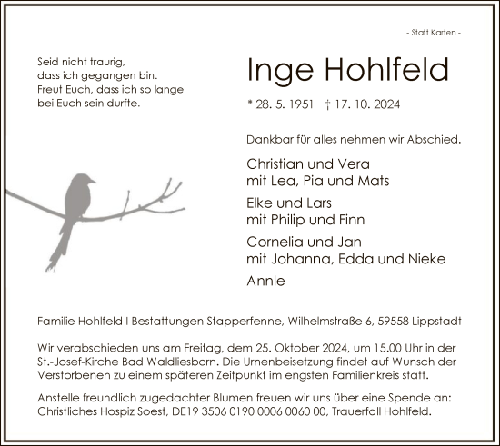 Traueranzeige von Inge Hohlfeld von WA