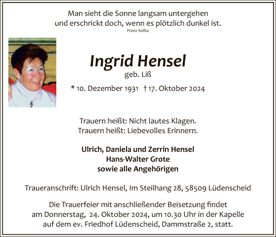 Traueranzeige von Ingrid Hensel von WA