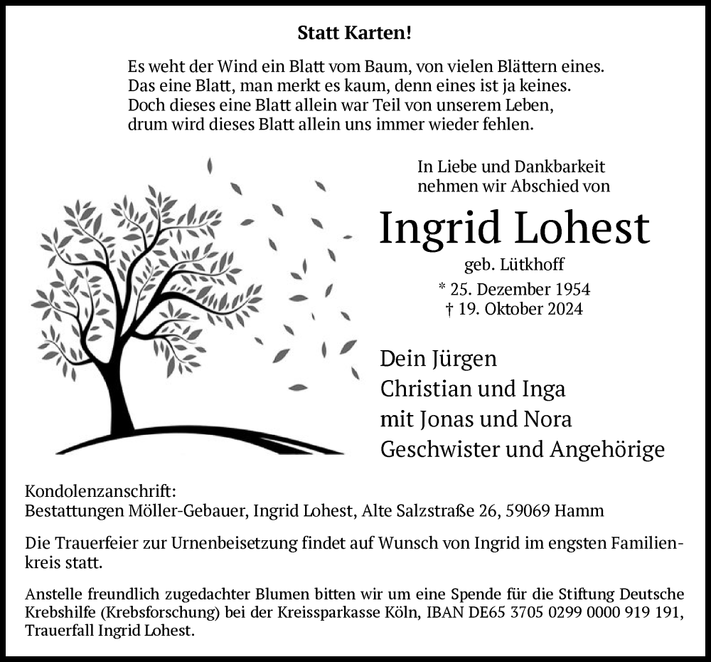  Traueranzeige für Ingrid Lohest vom 26.10.2024 aus WA