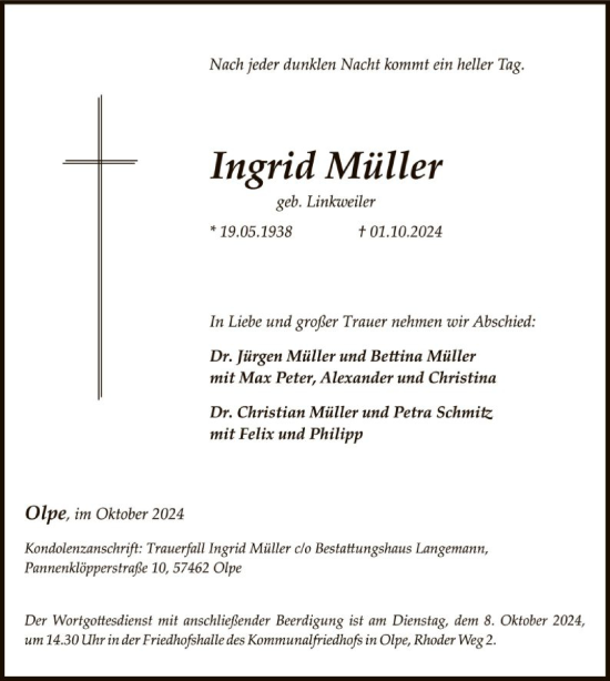 Traueranzeige von Ingrid Müller von WA