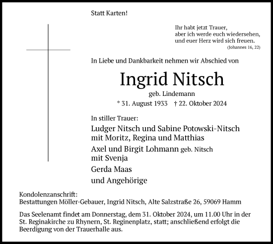 Traueranzeige von Ingrid Nitsch von WA