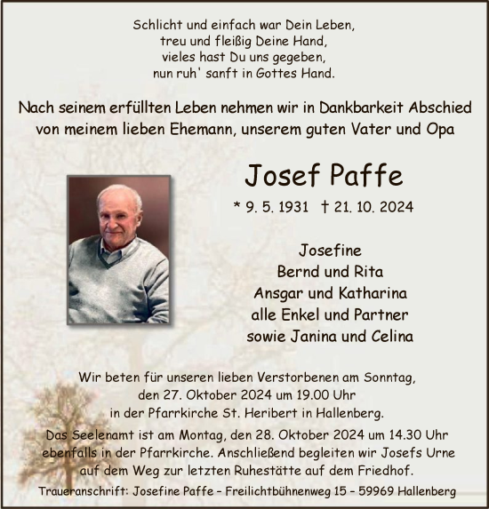 Traueranzeige von Josef Paffe von WA