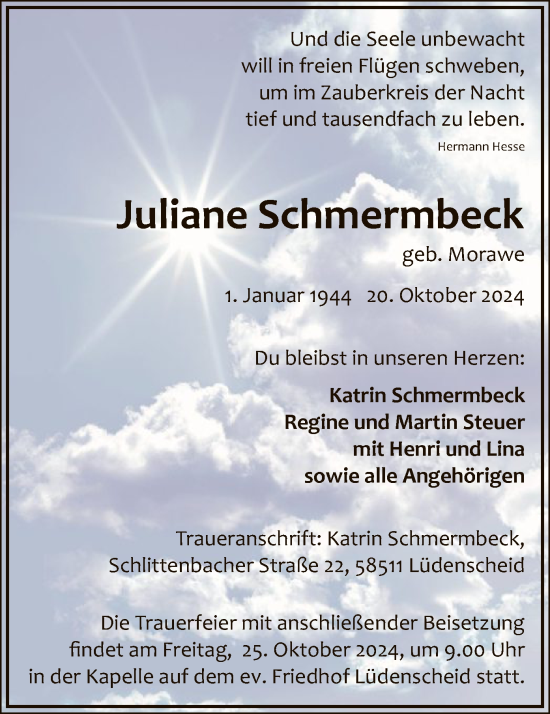 Traueranzeige von Juliane Schmermbeck von WA