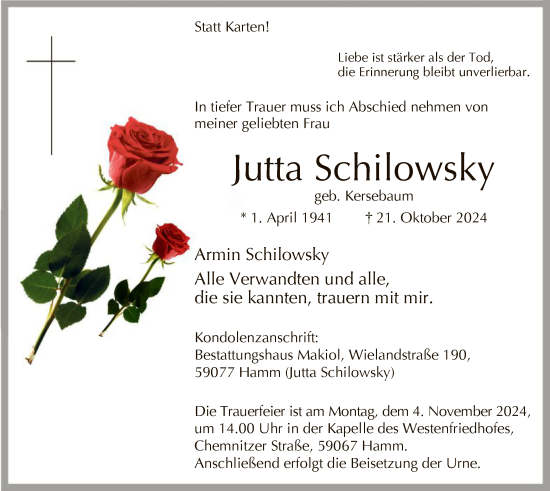 Traueranzeige von Jutta Schilowsky von WA