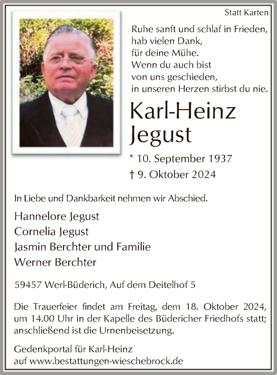 Traueranzeige von Karl-Heinz Jegust von WA