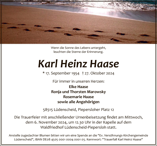 Traueranzeige von Karl Heinz Haase von WA