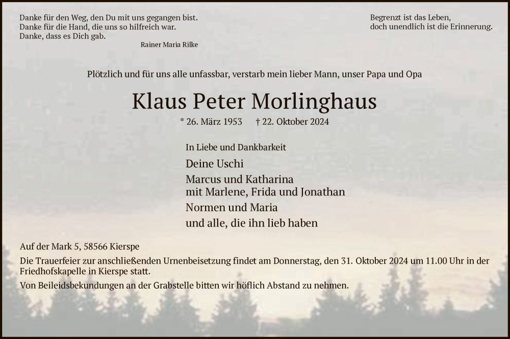  Traueranzeige für Klaus Peter Morlinghaus vom 26.10.2024 aus WA