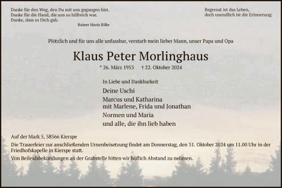 Traueranzeige von Klaus Peter Morlinghaus von WA