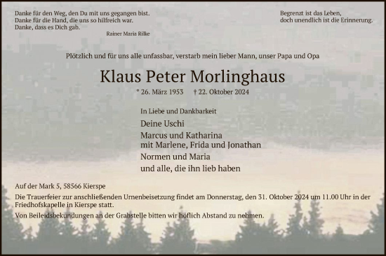 Traueranzeige von Klaus Peter Morlinghaus von WA