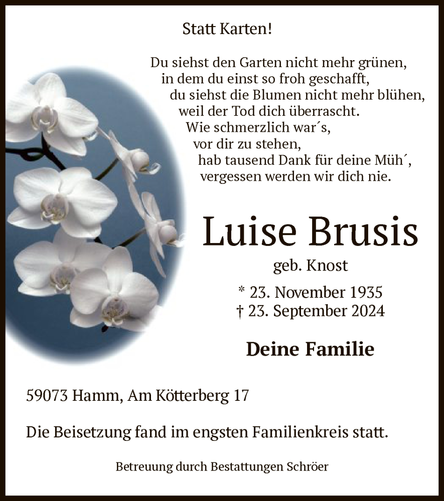  Traueranzeige für Luise Brusis vom 05.10.2024 aus WA