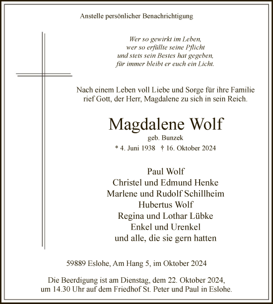 Traueranzeige von Magdalena Wolf von WA