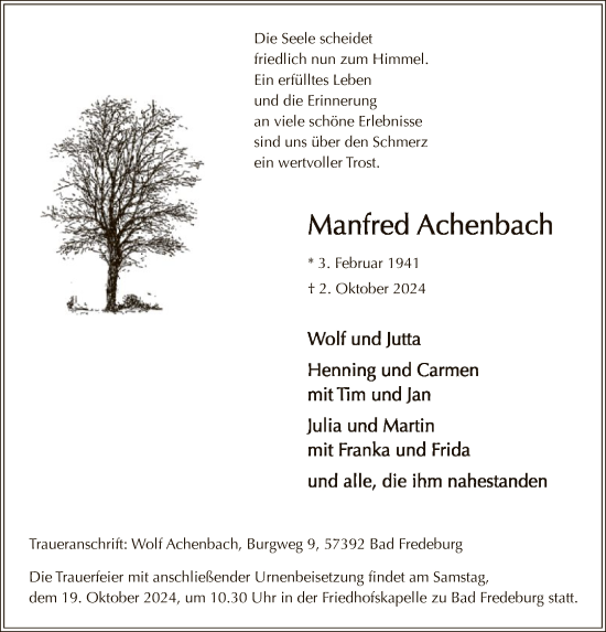 Traueranzeige von Manfred Achenbach von WA