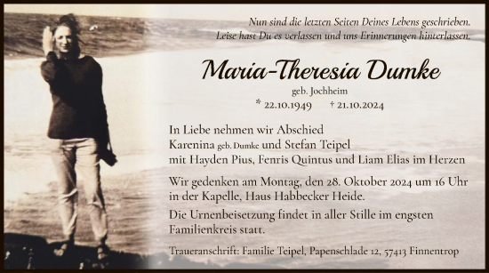 Traueranzeige von Maria-Theresia Dumke von WA