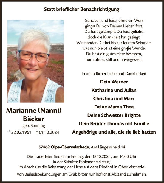 Traueranzeige von Marianne Bäcker von WA