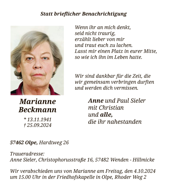 Traueranzeige von Marianne Beckmann von WA