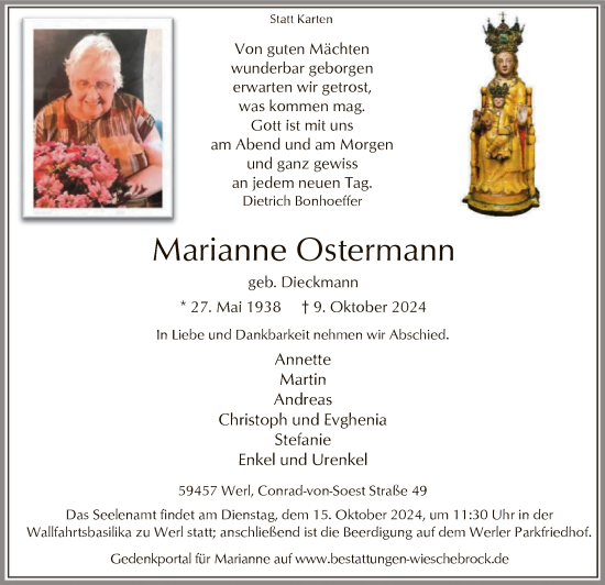 Traueranzeige von Marianne Ostermann von WA