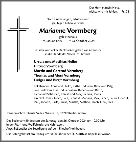 Traueranzeige von Marianne Vormberg von WA