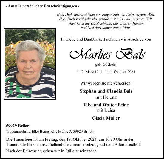 Traueranzeige von Marlies Bals von WA