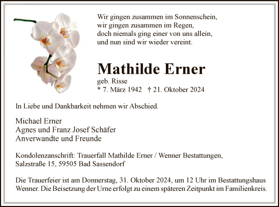 Traueranzeige von Mathilde Erner von WA