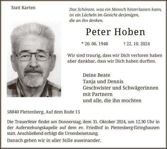 Traueranzeige von Peter Hoben von WA