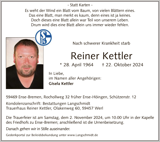 Traueranzeige von Reiner Kettler von WA