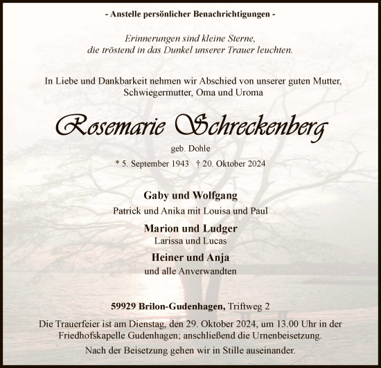 Traueranzeige von Rosemarie Schreckenberg von WA